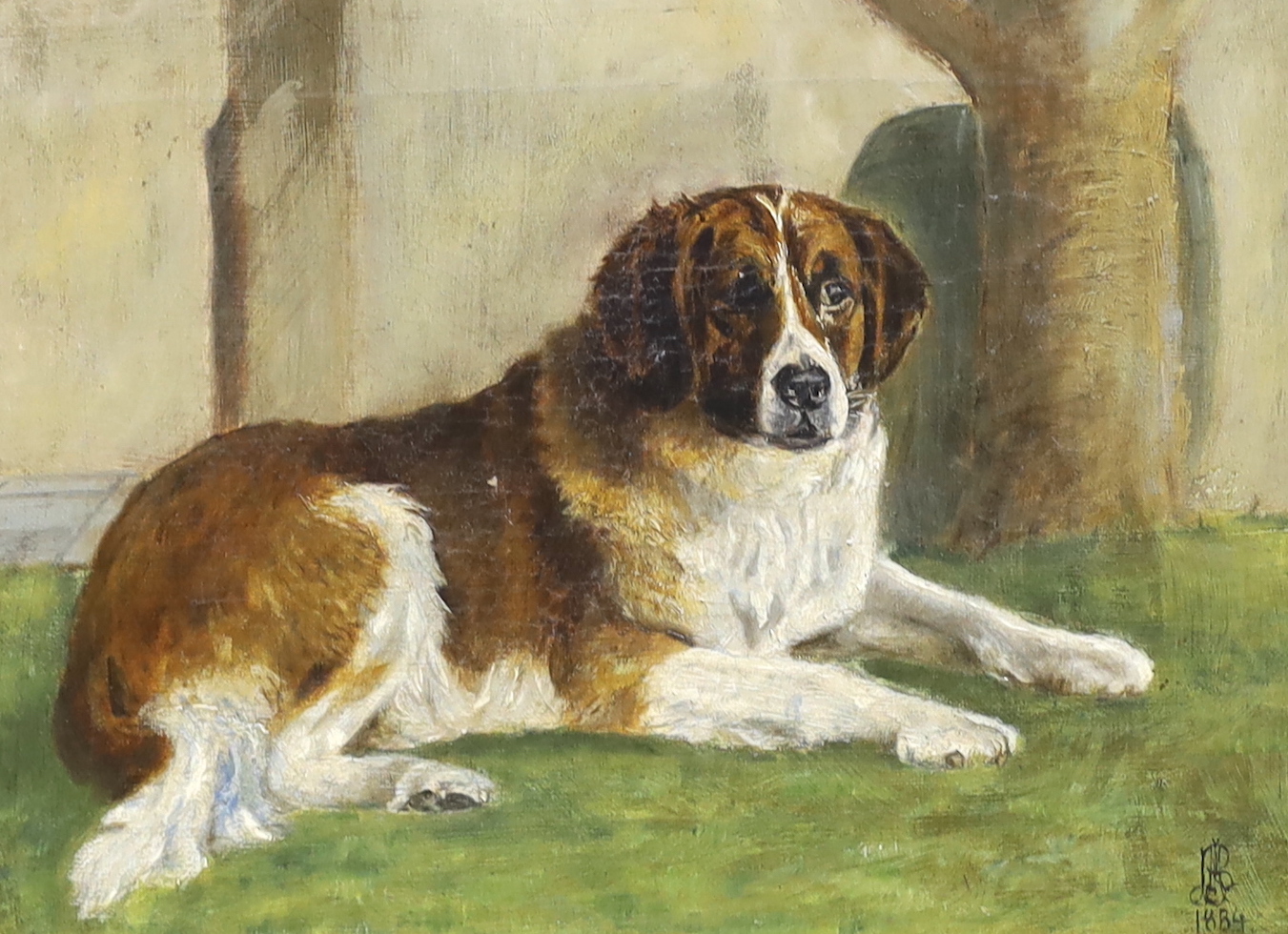 Victorian School, oil on canvas, Study of a St. Bernard dog, indistinctly monogrammed and dated 1884, 22 x 30cm, ornate gilt framed